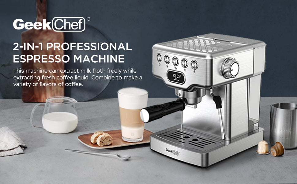 Geek Chef 20-Bar Espresso Machine with Milk Frother, Stainless Steel,1.8L Water Tank